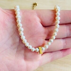 Dalmata Initial letter "i" Pearl Necklace Stainless Steel Pearl Goth Rockabilly